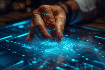 Poster - A person 's hand is pointing at a circuit board