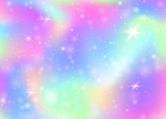 Wall Mural - Hologram background with rainbow mesh. Girlish universe banner in princess colors. Fantasy gradient backdrop. Hologram magic background with fairy sparkles, stars and blurs.