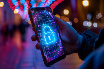 Poster - A person is holding a cell phone with a padlock on the screen