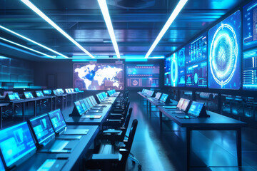Poster - A room filled with lots of computer monitors and a large screen with a map of the world on it