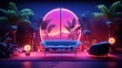 A retro futuristic living room with a large round window looking out onto a tropical landscape.
