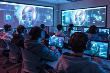 Poster - A group of people wearing headphones are playing a video game