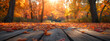 Colorful Autumn Park Scene Behind Wooden Flooring
