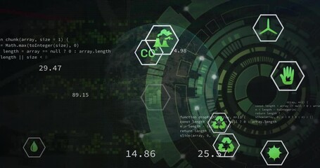 Poster - Animation of eco icons, computing data processing over scope scanning