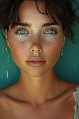 Wall Mural - Portrait of a Caucasian woman in close-up with beautiful eyes looking into the camera