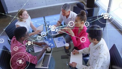 Poster - Animation of network of connections with icons over diverse business people in office
