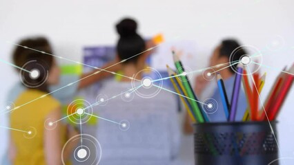Poster - Animation of network of connections with icons over diverse business people in office