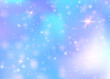 Holographic background with rainbow mesh. Mystical universe banner in princess colors. Fantasy gradient backdrop with hologram. Holographic magic background with fairy sparkles, stars and blurs.