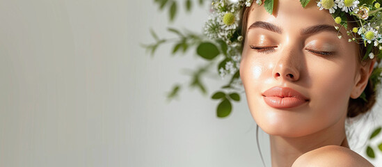 Wall Mural - Skin care, beauty and flower crown with woman in space for natural health, greenery or organic aesthetics