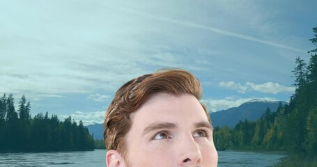 Poster - Animation of caucasian man looking around over landscape