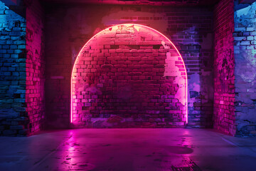 Wall Mural - Room with brick wall and neon lights background.