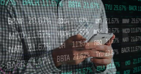 Poster - Animation of financial data processing over caucasian businessman using smartphone