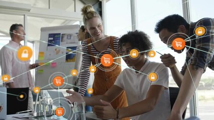 Poster - animation of network of connections with icons over diverse business people in office