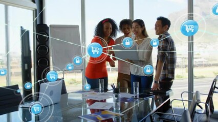 Poster - animation of network of connections with icons over diverse business people in office