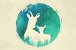 Moon with silhouettes of mother and baby goat, in the style of vintage graphic design, emerald and cyan colors, aquarellist. Logo design for farm concept.