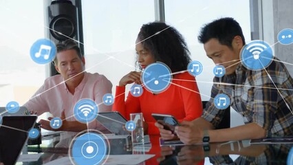Poster - animation of network of connections with icons over diverse business people in office