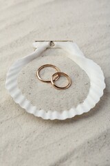 Wall Mural - Honeymoon concept. Two golden rings and shell on sand