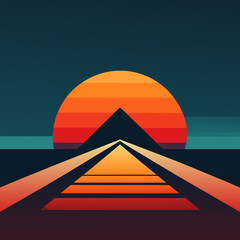 Retro background with laser grid, abstract landscape mountain with sunset and star sky. Vaporwave, synthwave 80s cyberpunk style illustration. Minimal template for poster, flyer,  music cover 