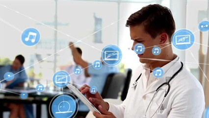 Poster - Animation of network of connections with icons over diverse doctors