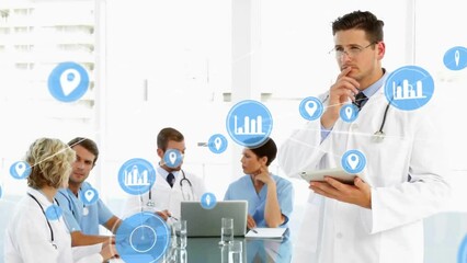 Poster - Animation of network of connections with icons over diverse doctors