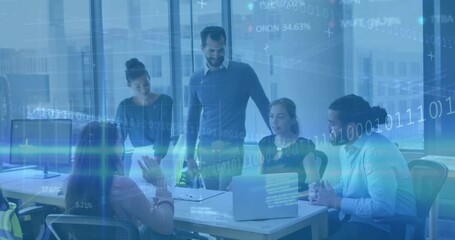 Poster - Animation of financial data processing over diverse business people using laptop