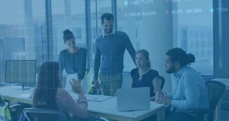 Poster - Animation of financial data processing over diverse business people using laptop