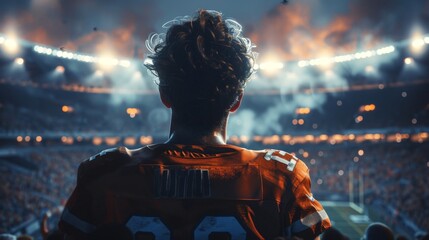 An intense moment as a football player stands with back to the camera overlooking an exhilarated stadium crowd