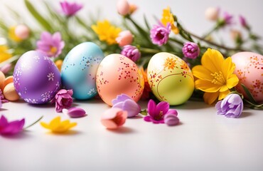 Creative arrangement of Easter eggs and a vibrant line of spring flowers on a white background