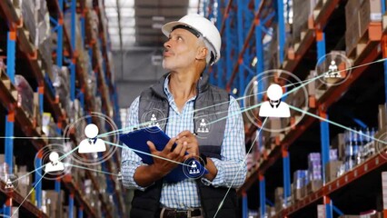 Poster - animation of network of connections with icons over caucasian man working in warehouse