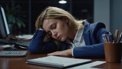 Exhausted young Caucasian female employee sleep desk at office overwork preparing report, Tired woman fall asleep doze off at workplace, work late to meet deadline, Fatigue, exhaustion concept