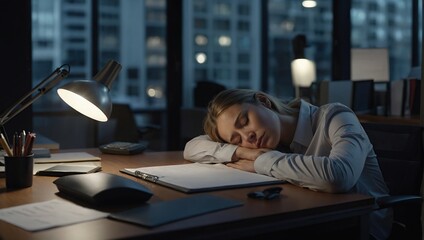 Exhausted young Caucasian female employee sleep desk at office overwork preparing report, Tired woman fall asleep doze off at workplace, work late to meet deadline, Fatigue, exhaustion concept