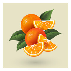 Wall Mural - Juicy orange fruits. Vector illustration. Whole fruits, orange pieces and some leaves. Fresh dessert.