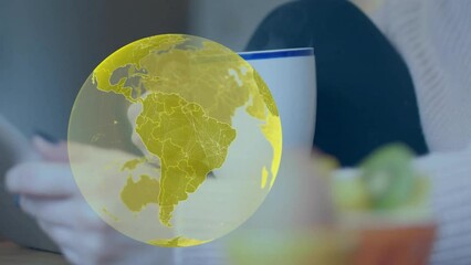 Poster - Animation of globe over caucasian woman using smartphone
