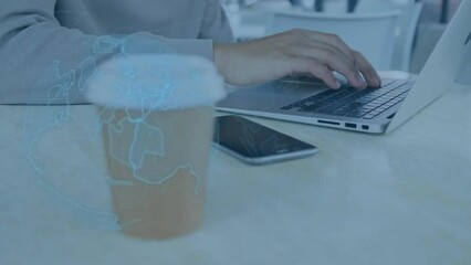 Poster - Animation of globe over biracial man using laptop