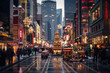 A mesmerizing tilt shift diorama capturing a bustling city street during the holiday season, adorned with festive decorations and lights