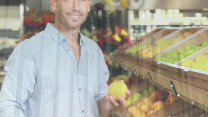 Poster - Animation of financial data processing over caucasian man grocery shopping