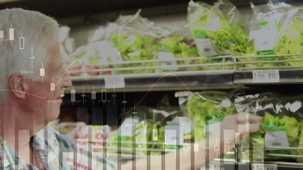Poster - Animation of financial data processing over caucasian man grocery shopping