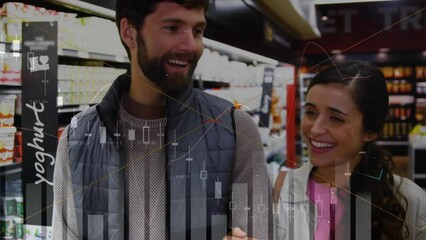 Poster - Animation of financial data processing over caucasian couple grocery shopping
