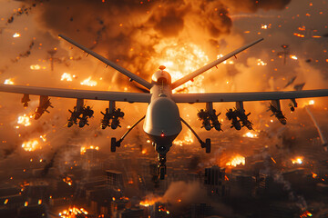 Wall Mural - rotate the MQ-9 Reaper drone's by 180 degrees in this image. Add explosions to the scene below