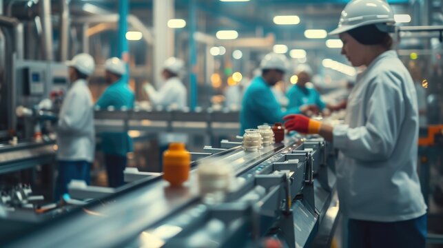 A group of men are engaged in mass production on a conveyor belt in a factory, utilizing machines and engineering skills. AIG41