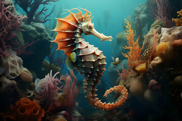 Wall Mural - sea horse amoung the corals in the depth of sea 