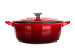 Red Enameled Cast Iron Dutch Oven on White Background
