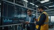 © LIFE LINE - Factory Digitalization Two Industrial Engineers Use Tablet Computer, Visualize the Wall of Big Data Statistics, Optimization of High-Tech Electronics Facility, Industry 4.0 Machinery Production