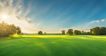 Wall Mural - wide lawn trimmed with precision under a blue sunny sky, copy space for text