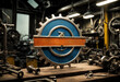 Logo de un Engranaje azul y naranja en taller mecánico oscuro y desordenado.