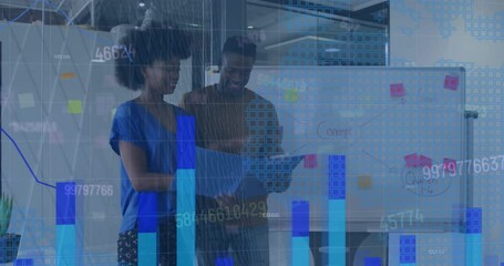 Poster - Animation of financial data processing over diverse business people in office