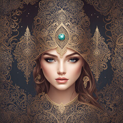 The portrait captures the essence of a beautiful girl, her features shining with a mystical glow against a dreamy background. Filigree elements delicately frame her face, adding an air of elegance and