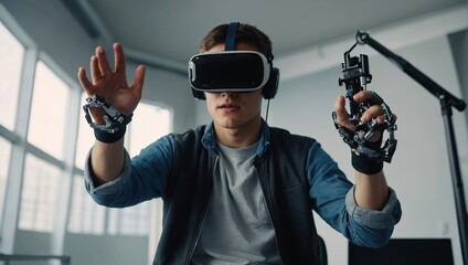 Wall Mural - Student Engineer Wearing Virtual Reality Headset Holding Joysticks and Controlling Bionic Limb While Actions Displayed on Screen, Modern Equipment and Computer Science Education in University Concept