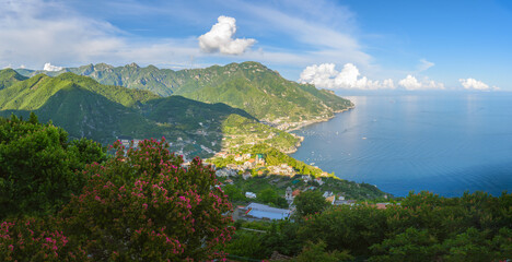 Wall Mural - Ravello enchanting vista offers a tranquil retreat above the Amalfi Coast, with lush greenery framing the deep blue of the Mediterranean.