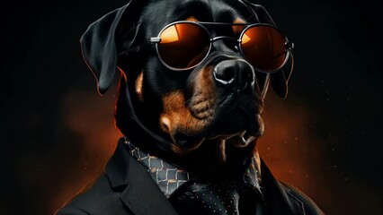 Poster - A stylish dog wearing sunglasses, a suit, and a tie. Perfect for business or fashion concepts.